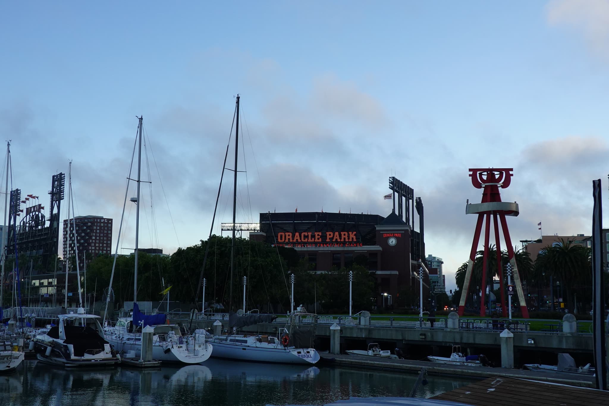 Oracle Park, as seen from Pier 40.