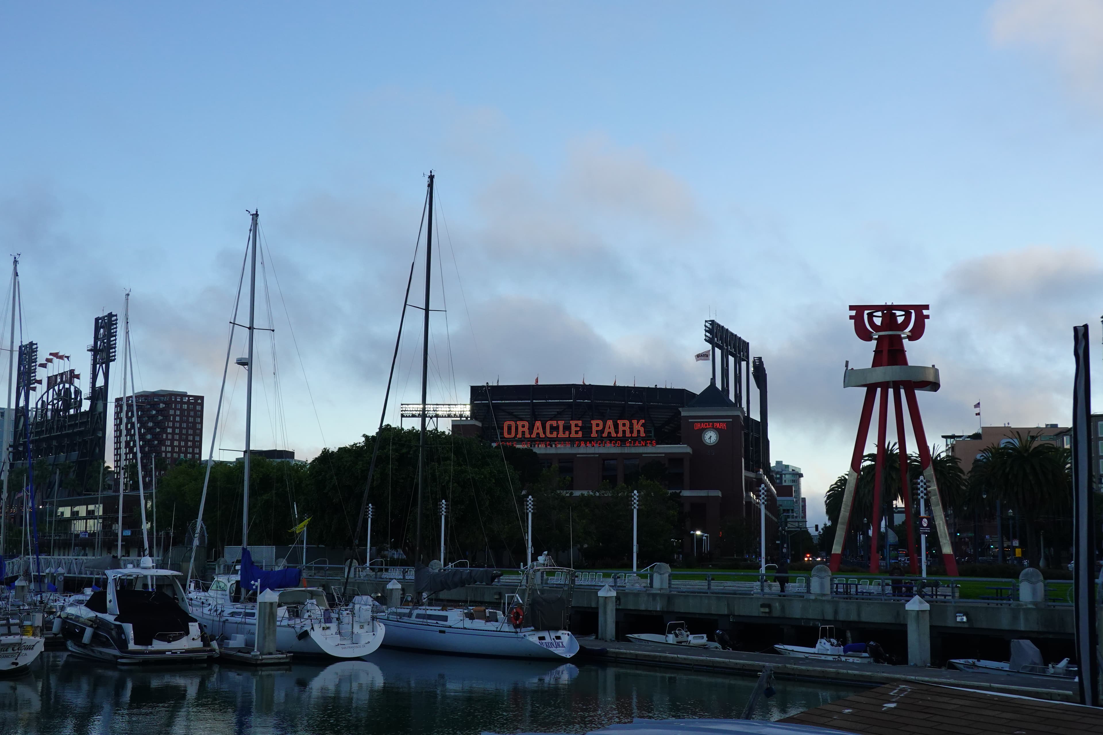 Oracle Park, as seen from Pier 40.