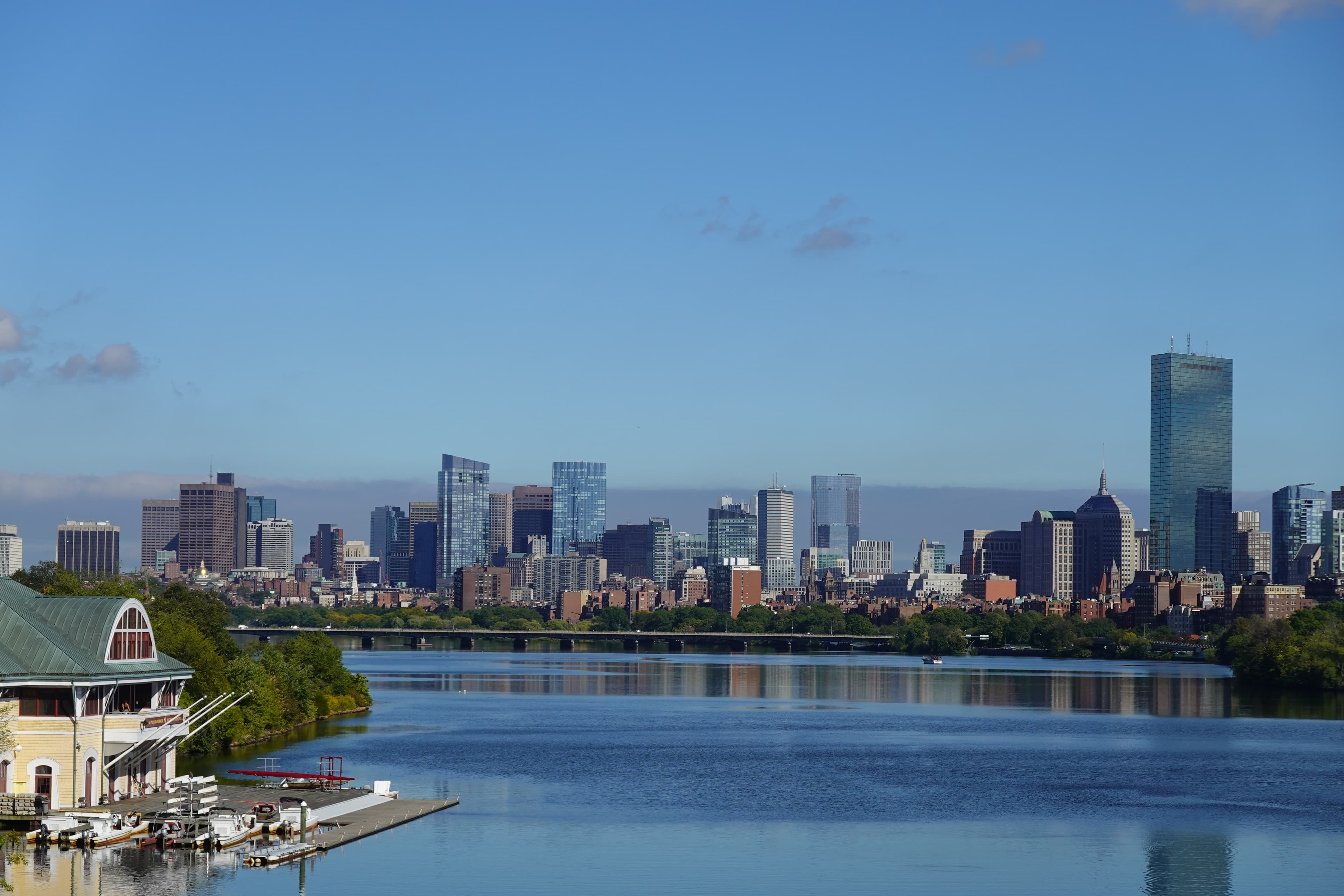 The Boston skyline, as seen from Harvard Bridge.