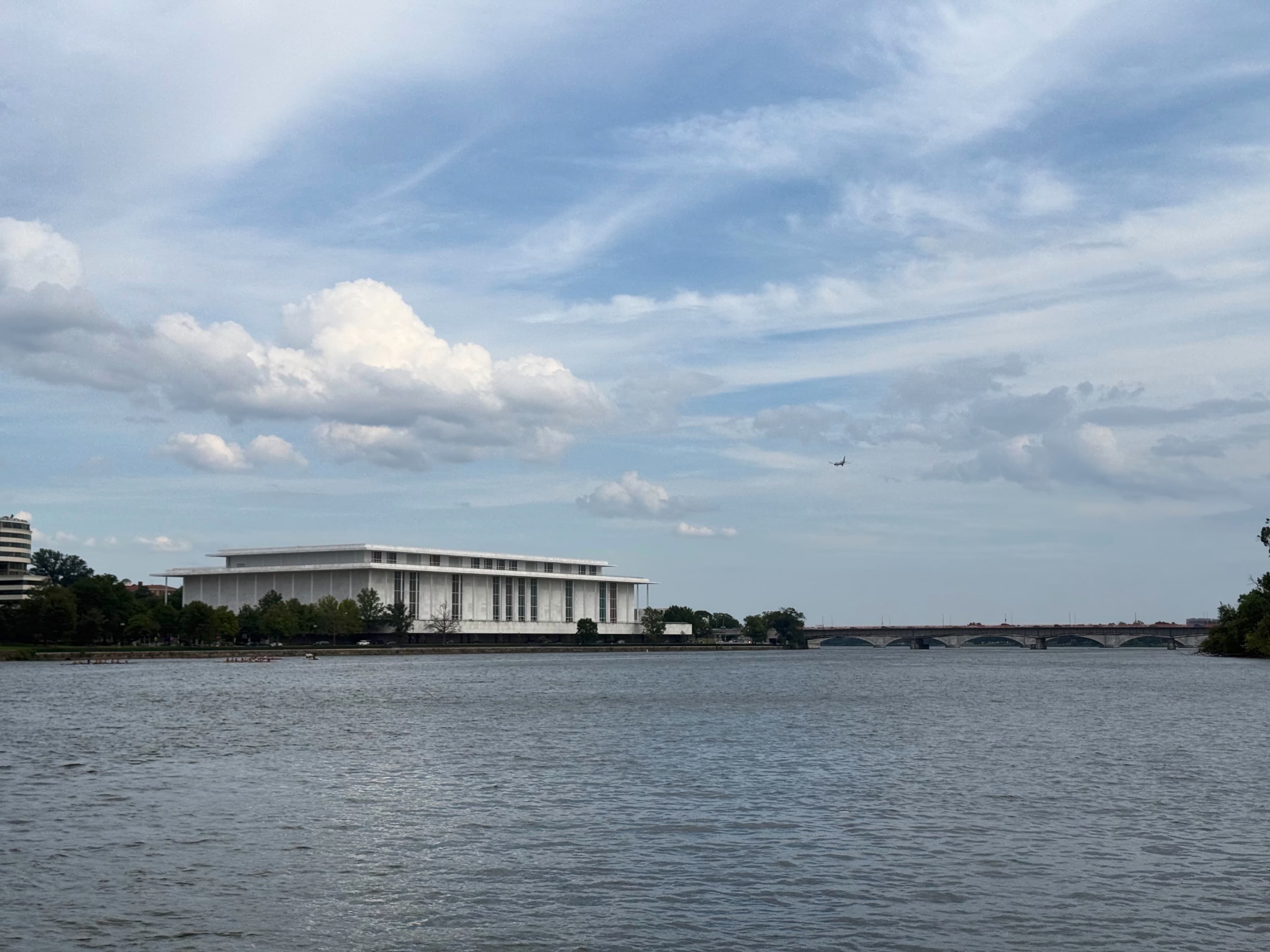 The Kennedy Center and Theodore Roosevelt Memorial Bridge from the Potomac River.
