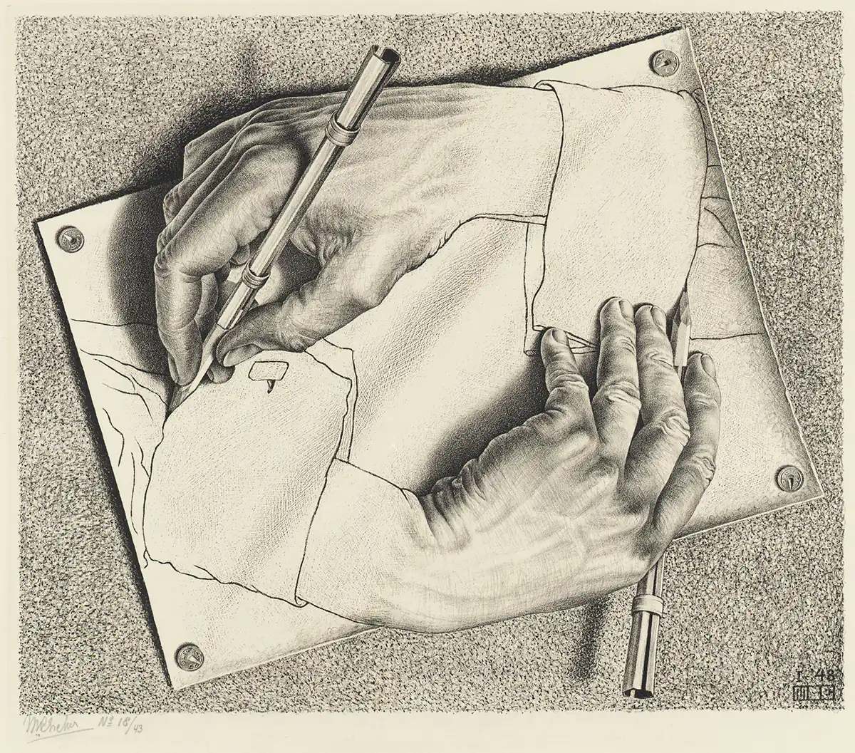 Two hands emerge from a sheet of paper, each drawing the other into existence.