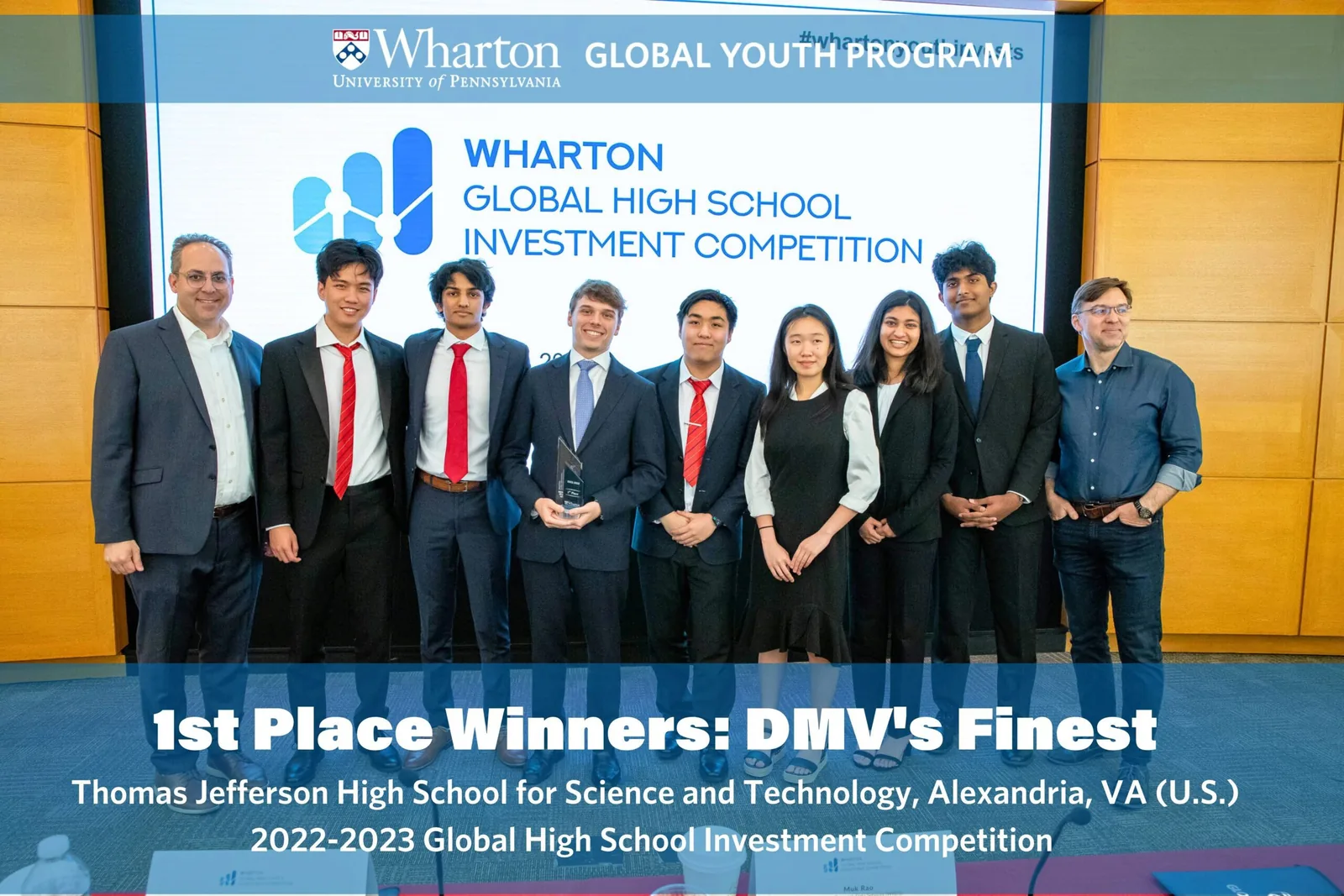 DMV’s Finest with the first-place trophy at the Wharton Global High School Investment Competition’s final, with two Wharton hosts